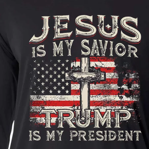 Jesus Is My Savior Trump Is My President American Flag Cooling Performance Long Sleeve Crew