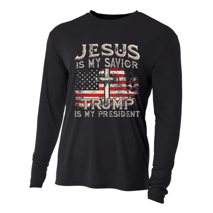 Jesus Is My Savior Trump Is My President American Flag Cooling Performance Long Sleeve Crew