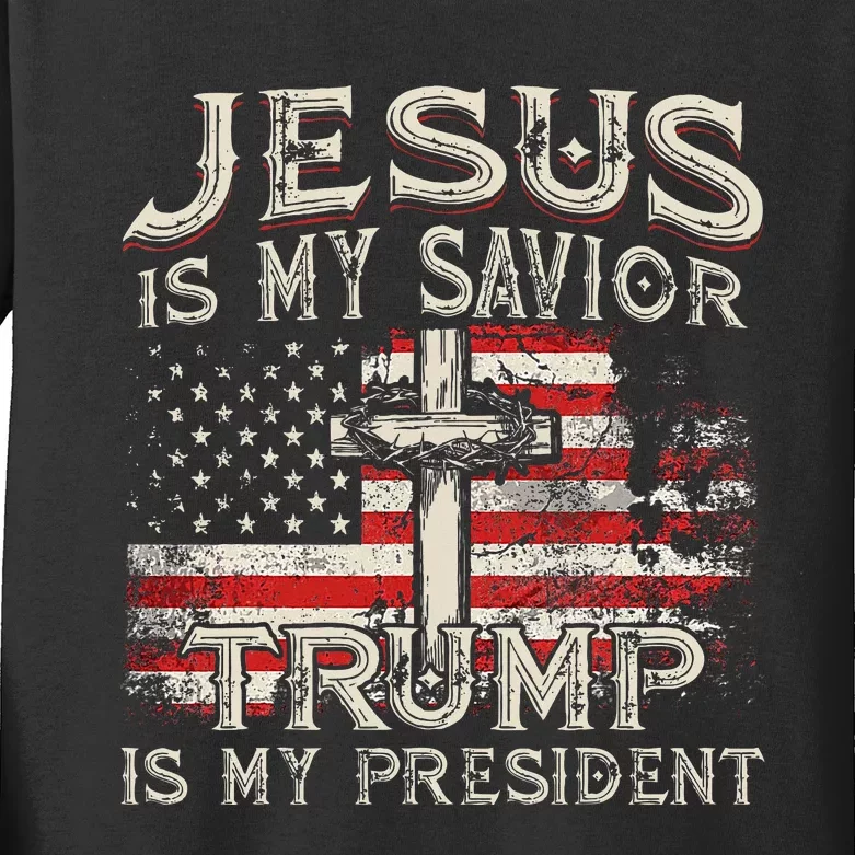 Jesus Is My Savior Trump Is My President American Flag Kids Long Sleeve Shirt