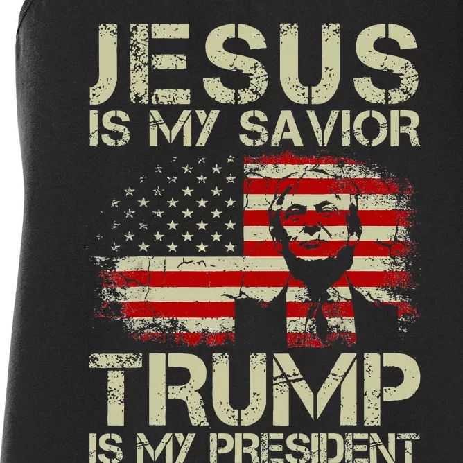 Jesus Is My Savior Trump Is My President Trump 2024 USA Flag Women's Racerback Tank