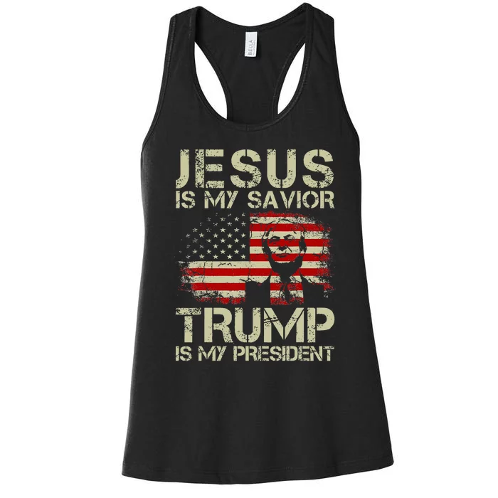 Jesus Is My Savior Trump Is My President Trump 2024 USA Flag Women's Racerback Tank