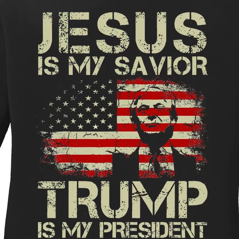 Jesus Is My Savior Trump Is My President Trump 2024 USA Flag Ladies Long Sleeve Shirt