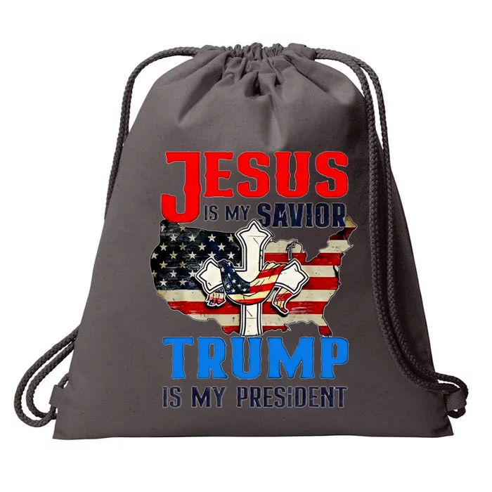 Jesus Is My Savior Trump Is My President Us Flag Funny Gift Drawstring Bag