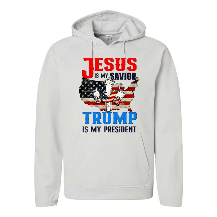 Jesus Is My Savior Trump Is My President Us Flag Funny Gift Performance Fleece Hoodie