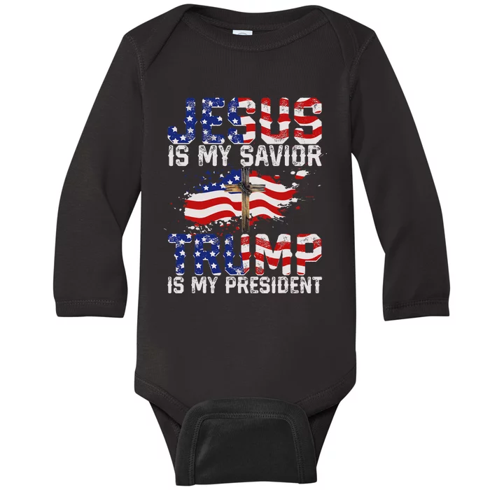 Jesus Is My Savior Trump Is My President American Flag Baby Long Sleeve Bodysuit