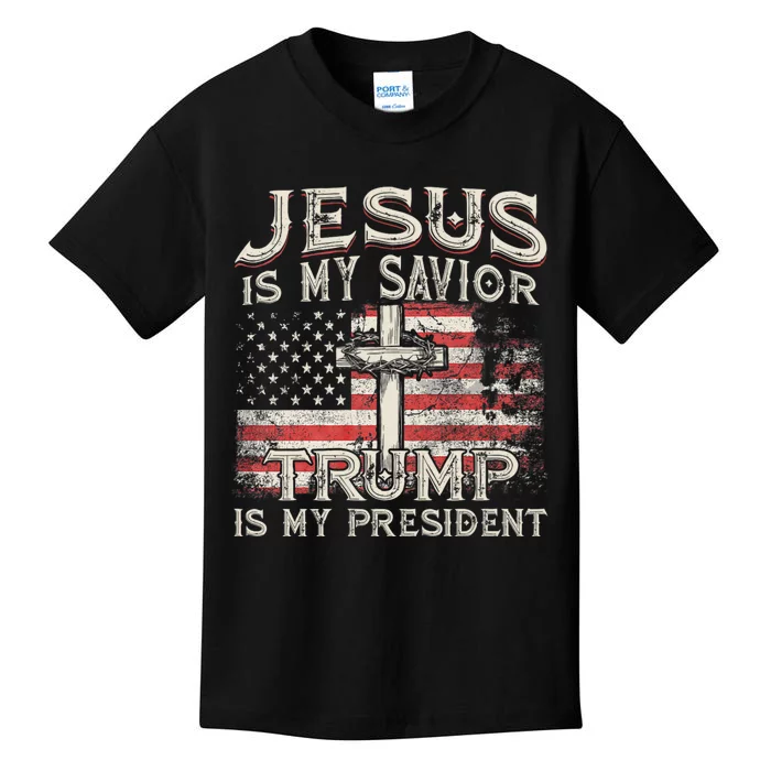 Jesus Is My Savior Trump Is My President American Flag Kids T-Shirt