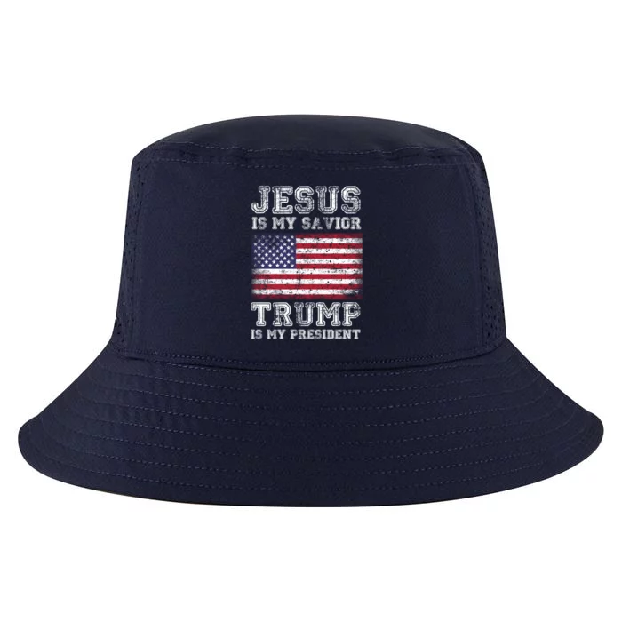 Jesus Is My Savior Trump Is My President American Flag Funny Gift Cool Comfort Performance Bucket Hat