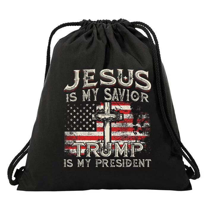 Jesus Is My Savior Trump Is My President American Flag Drawstring Bag