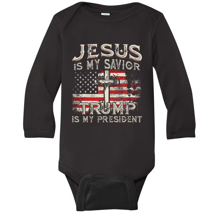 Jesus Is My Savior Trump Is My President American Flag Baby Long Sleeve Bodysuit