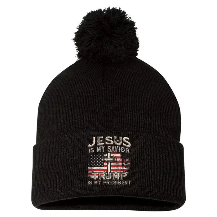 Jesus Is My Savior Trump Is My President American Flag Pom Pom 12in Knit Beanie