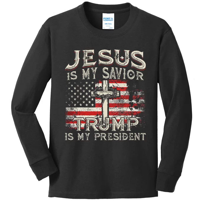 Jesus Is My Savior Trump Is My President American Flag Kids Long Sleeve Shirt