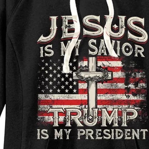 Jesus Is My Savior Trump Is My President American Flag Women's Fleece Hoodie