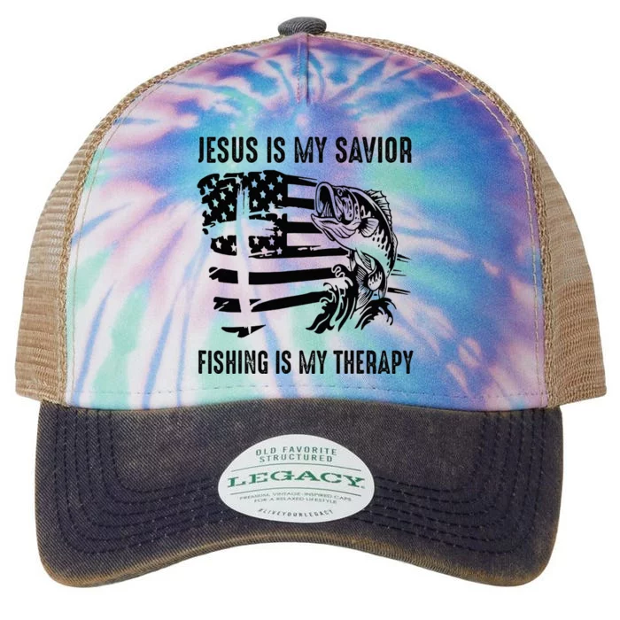 Jesus Is My Savior Fishing Is My Therapy American Flag Legacy Tie Dye Trucker Hat