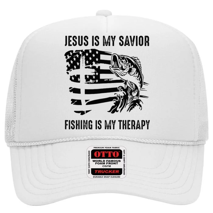 Jesus Is My Savior Fishing Is My Therapy American Flag High Crown Mesh Trucker Hat