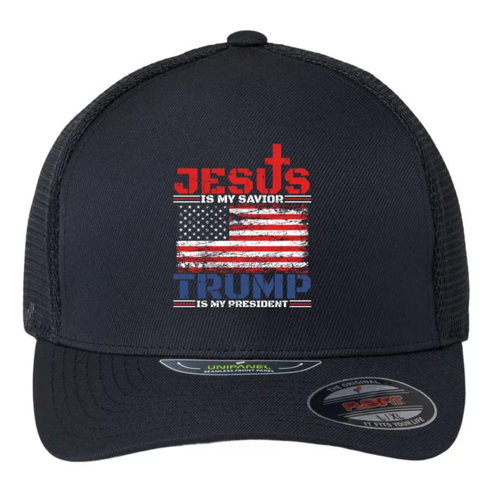 Jesus Is My Savior Trump Is My President Republican Gift Flexfit Unipanel Trucker Cap