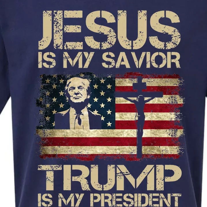 Jesus Is My Savior Trump Is My President Trump 2024 Usa Flag Sueded Cloud Jersey T-Shirt