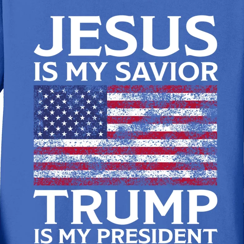 Jesus Is My Savior Trump Is My President American Flag Gift Kids Long Sleeve Shirt