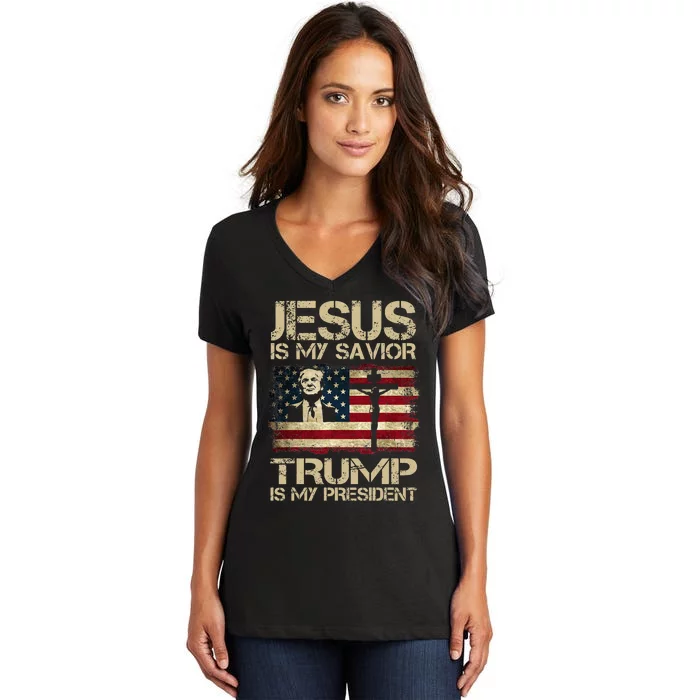 Jesus Is My Savior Trump Is My President Trump 2024 Usa Flag Women's V-Neck T-Shirt