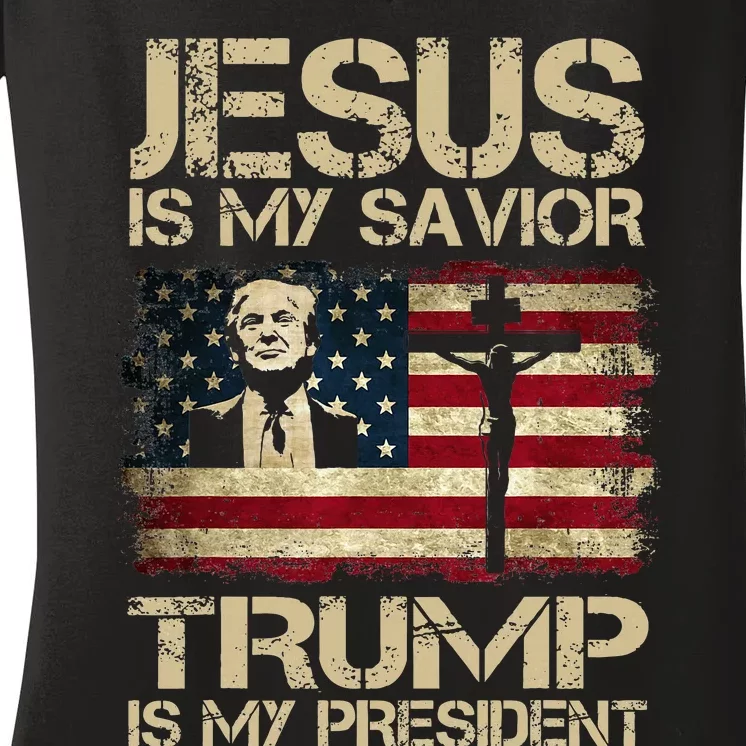 Jesus Is My Savior Trump Is My President Trump 2024 Usa Flag Women's V-Neck T-Shirt