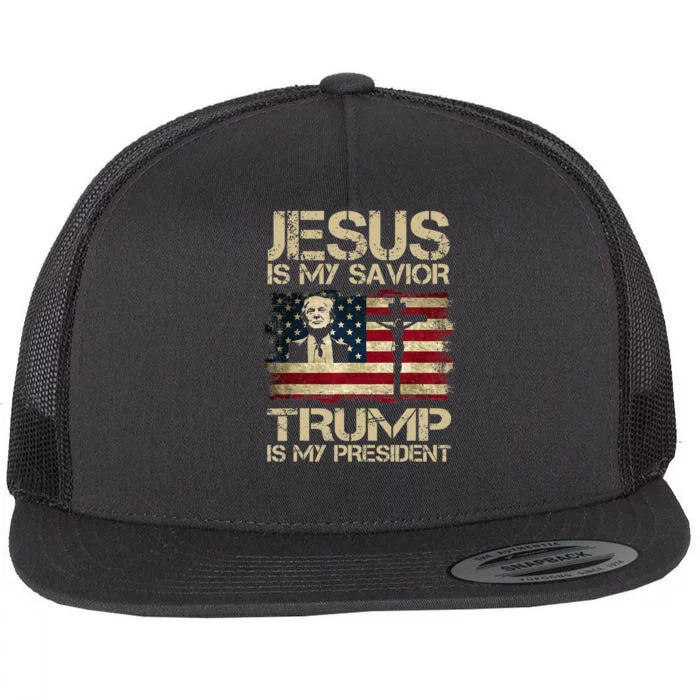 Jesus Is My Savior Trump Is My President Trump 2024 Usa Flag Flat Bill Trucker Hat