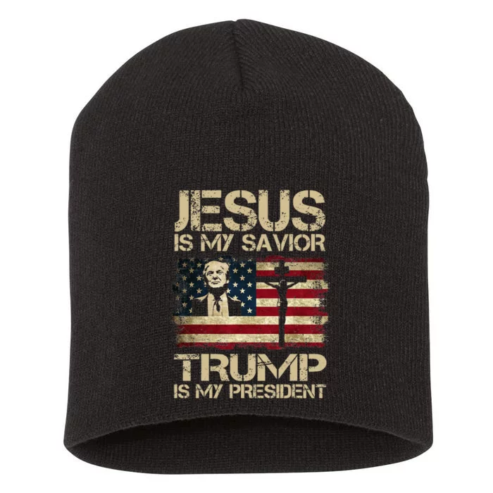 Jesus Is My Savior Trump Is My President Trump 2024 Usa Flag Short Acrylic Beanie