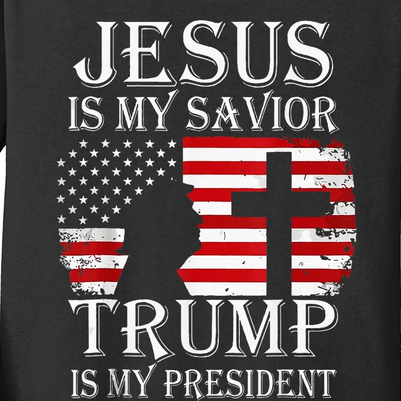 Jesus Is My Savior Trump Is My President American Flag Kids Long Sleeve Shirt