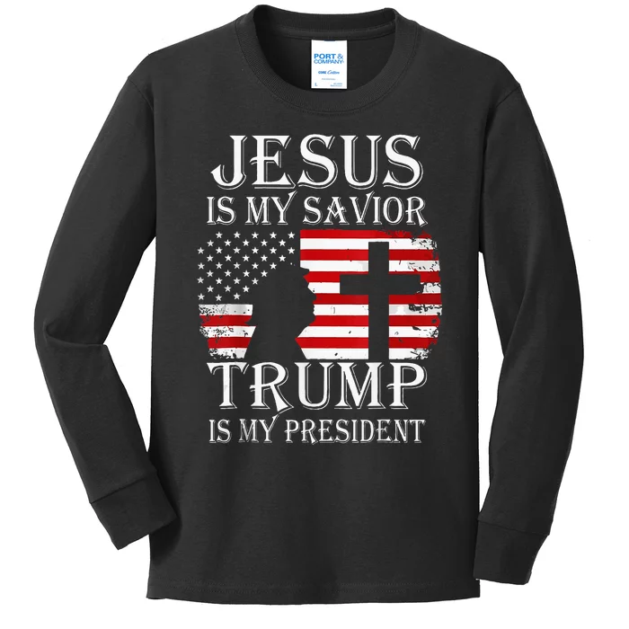 Jesus Is My Savior Trump Is My President American Flag Kids Long Sleeve Shirt