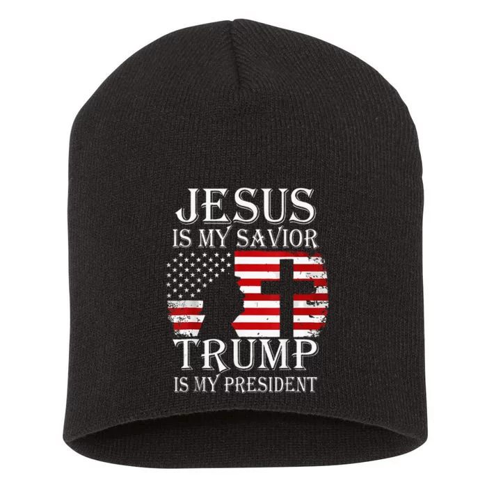 Jesus Is My Savior Trump Is My President American Flag Short Acrylic Beanie