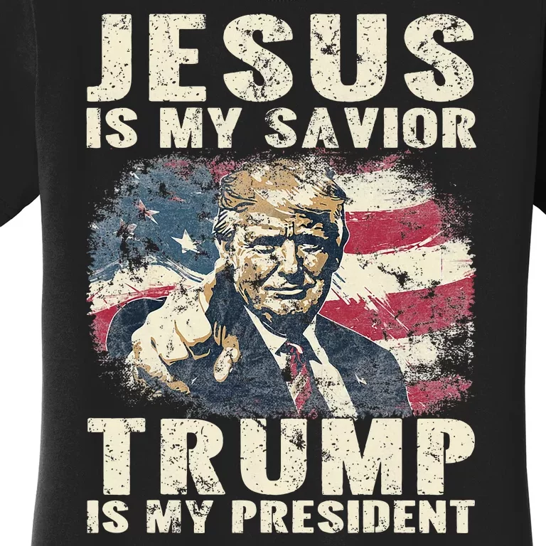 Jesus Is My Savior Trump Is My President 2024 American Flag Women's T-Shirt