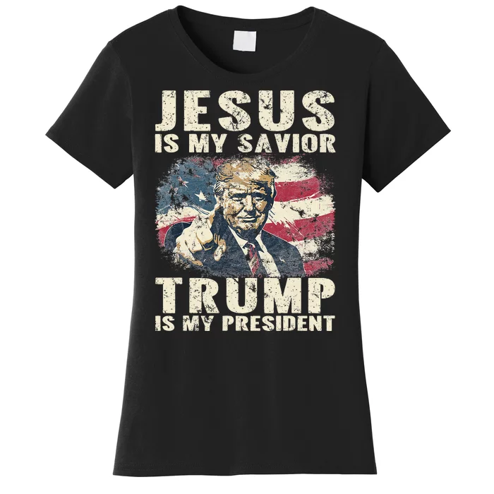 Jesus Is My Savior Trump Is My President 2024 American Flag Women's T-Shirt