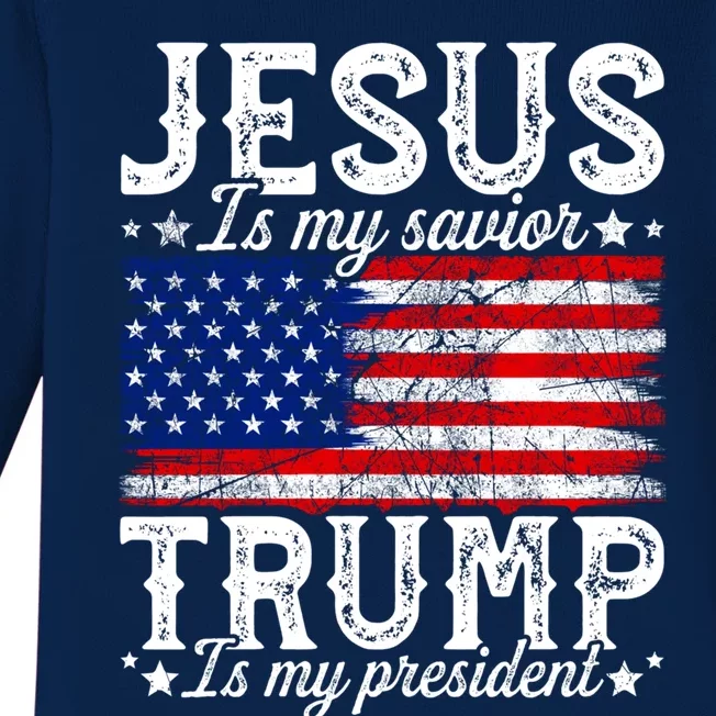 Jesus Is My Savior Trump Is My President American Us Flag Meaningful Gift Baby Long Sleeve Bodysuit