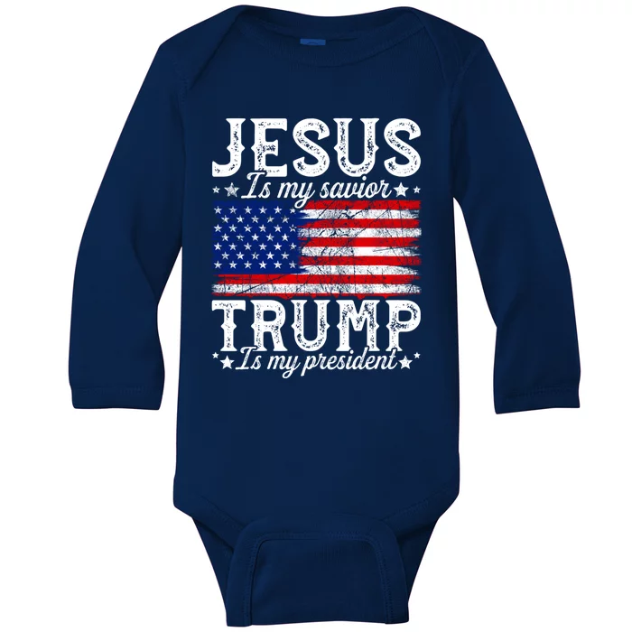 Jesus Is My Savior Trump Is My President American Us Flag Meaningful Gift Baby Long Sleeve Bodysuit