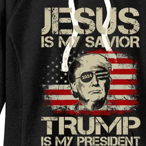 Jesus Is My Savior Trump Is My President Trump 2024 Usa Flag Gift Women's Fleece Hoodie