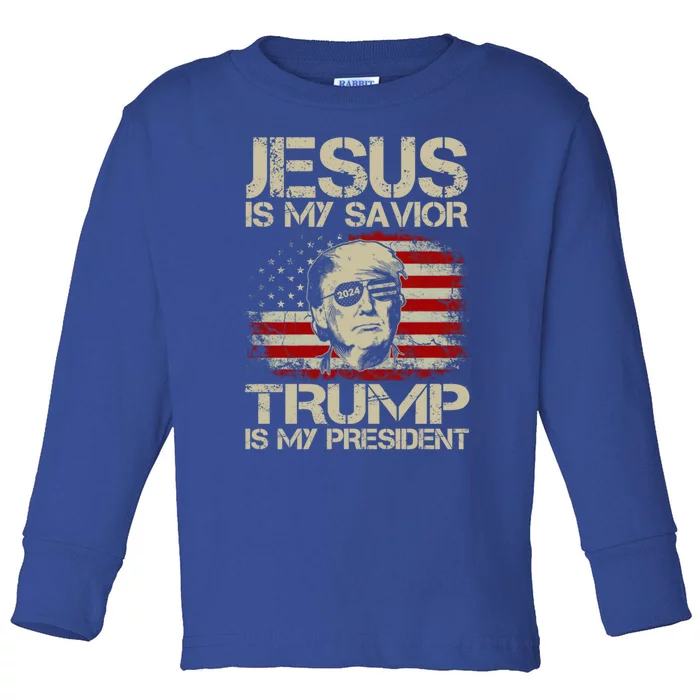 Jesus Is My Savior Trump Is My President Trump 2024 Usa Flag Gift Toddler Long Sleeve Shirt