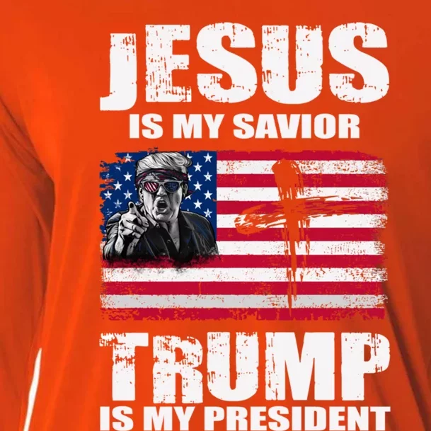 Jesus Is My Savior Trump Is My President Trump 2024 Usa Flag Great Gift Cooling Performance Long Sleeve Crew