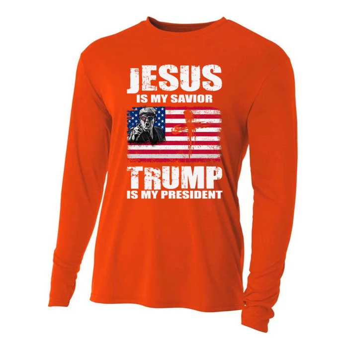 Jesus Is My Savior Trump Is My President Trump 2024 Usa Flag Great Gift Cooling Performance Long Sleeve Crew