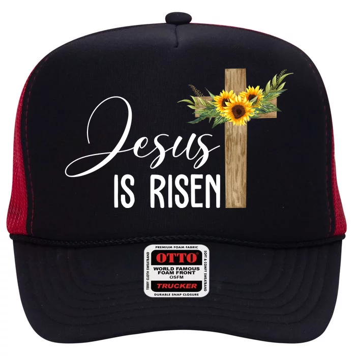 Jesus Is Risen Sunflower Cross Easter High Crown Mesh Trucker Hat