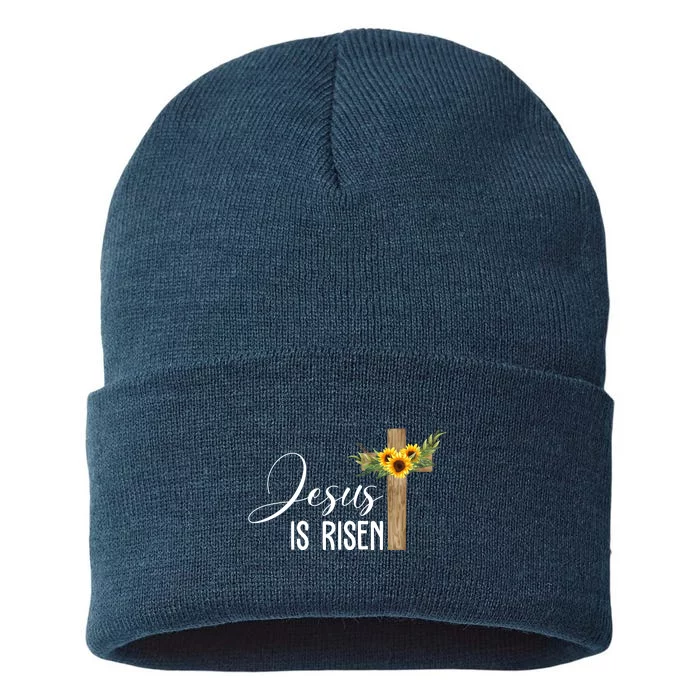 Jesus Is Risen Sunflower Cross Easter Sustainable Knit Beanie