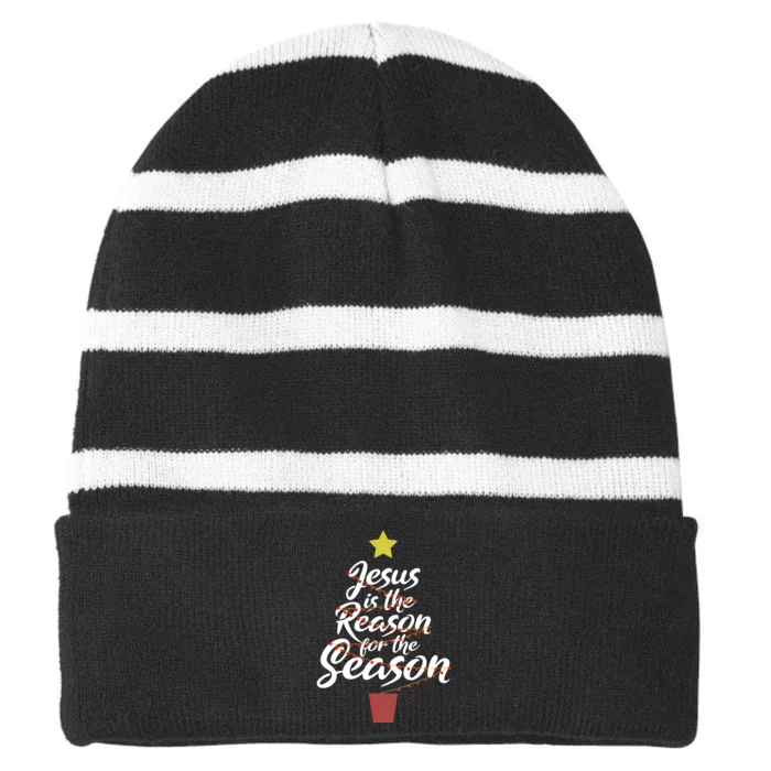 Jesus Is The Reason For The Season Christian Christmas Xmas Striped Beanie with Solid Band