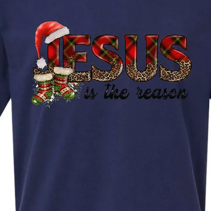 Jesus Is The Reason Santa Hat Christmas Pjs Xmas Pajamas Sueded Cloud Jersey T-Shirt