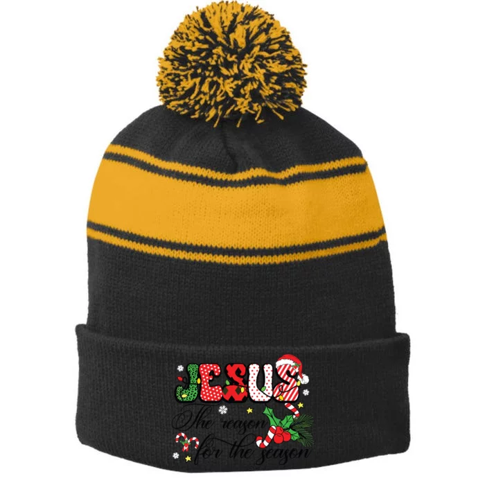 Jesus Is The Reason For The Season Christian Christmas Stripe Pom Pom Beanie