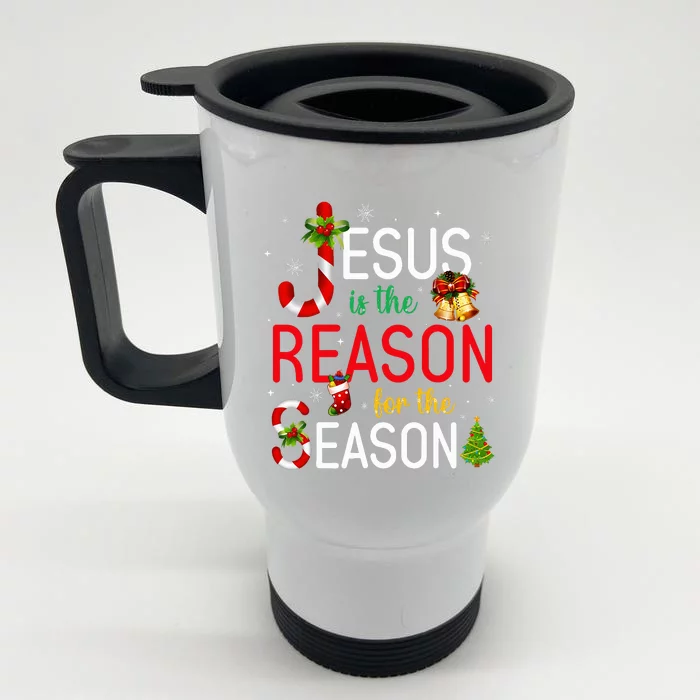 Jesus Is The Reason For The Season Xmas Christmas Candy Cane Front & Back Stainless Steel Travel Mug