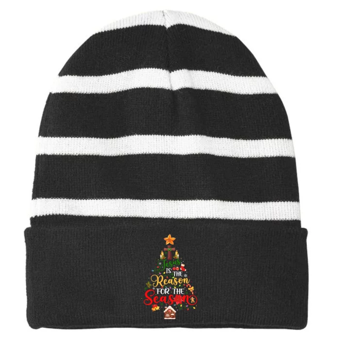 Jesus Is The Reason For The Season Christian Faith Christmas Striped Beanie with Solid Band