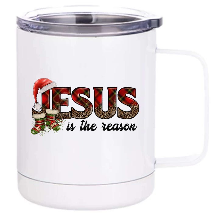 Jesus Is The Reason Santa Hat Christmas Pjs Xmas Pajamas Front & Back 12oz Stainless Steel Tumbler Cup