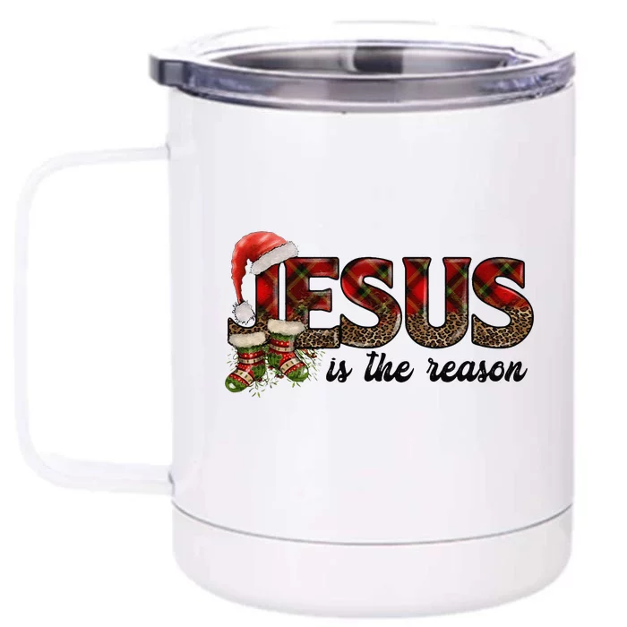 Jesus Is The Reason Santa Hat Christmas Pjs Xmas Pajamas Front & Back 12oz Stainless Steel Tumbler Cup