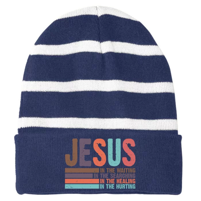 Jesus In The Waiting Quote Christian Vintage Striped Beanie with Solid Band