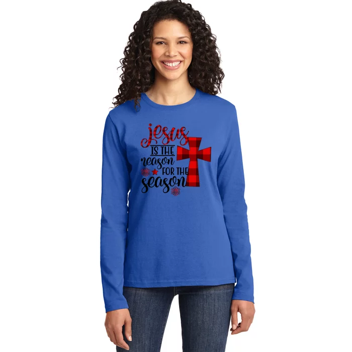 Jesus Is The Reason For The Season Plaid Christmas Cross Gift Ladies Long Sleeve Shirt