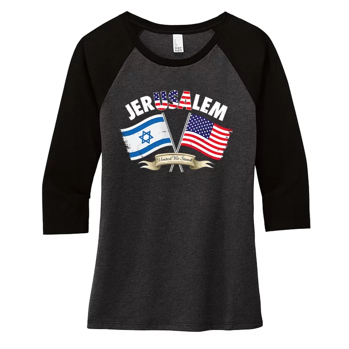 Jerusalem Israel Usa American Flag Women's Tri-Blend 3/4-Sleeve Raglan Shirt