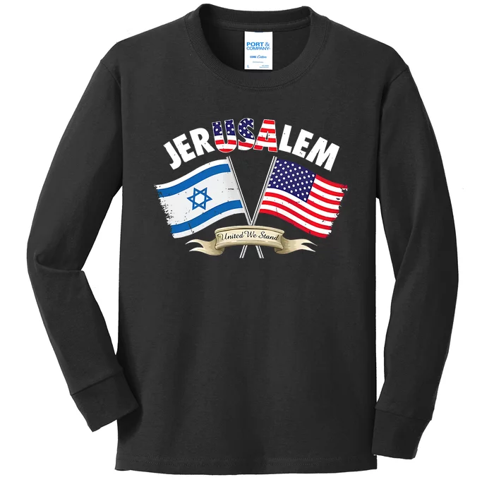 Jerusalem Israel Usa American Flag Kids Long Sleeve Shirt