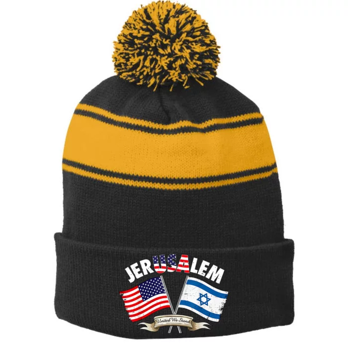 Jerusalem Israel Usa American Flag Stripe Pom Pom Beanie